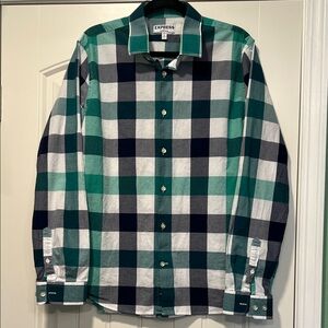 Express Men's Green and Navy Plaid Shirt